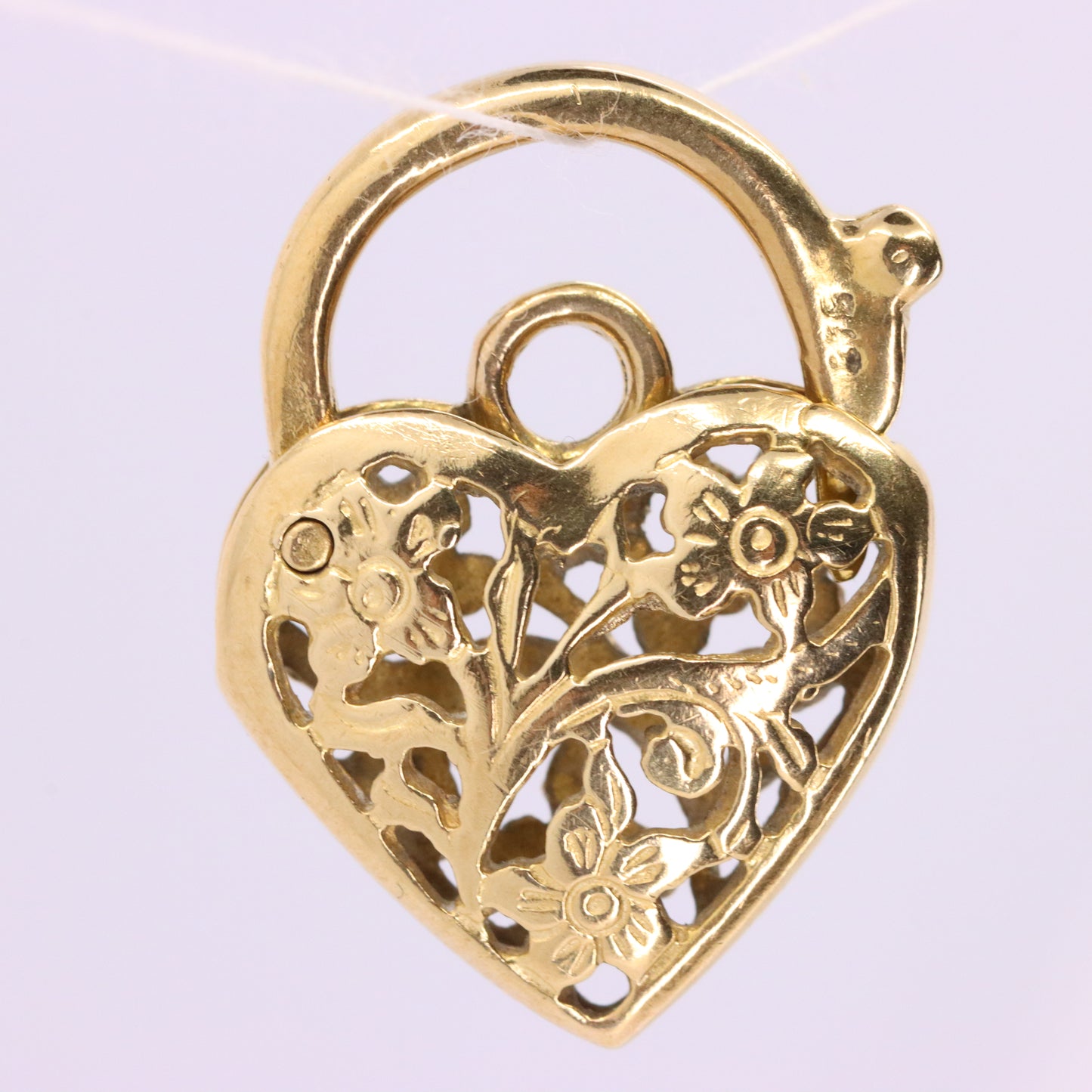 Vintage 9ct Yellow Gold Heart Lock Charm Padlock Pendant Floral Openwork Detail