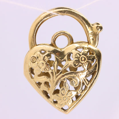 Vintage 9ct Yellow Gold Heart Lock Charm Padlock Pendant Floral Openwork Detail