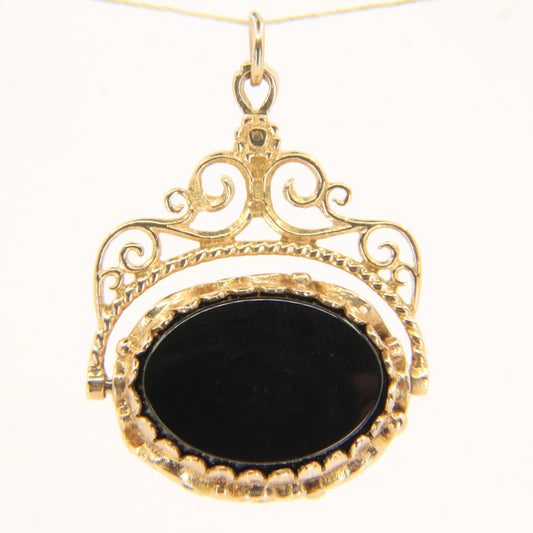 Vintage 9ct Hallmarked Gold Spinner Pendant Bloodstone Onyx Floral Fob Charm