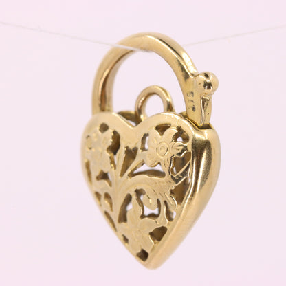 Vintage 9ct Yellow Gold Heart Lock Charm Padlock Pendant Floral Openwork Detail