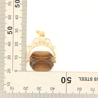 Vintage 9ct Smokey Quartz Spinner Fob Charm Hallmarked 9 Carat Yellow Gold Pendant