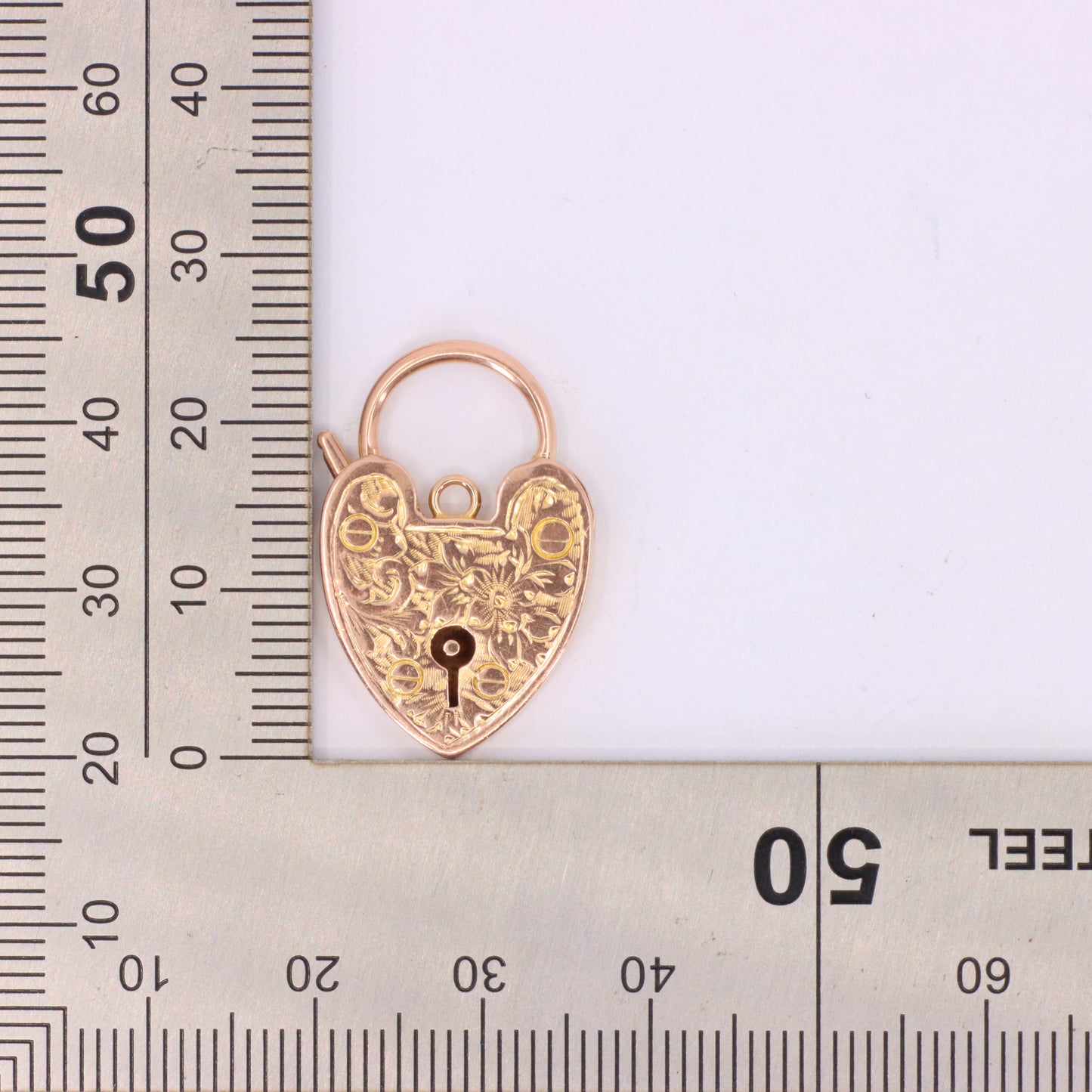 Vintage 9ct Rose Gold Floral Engraved Heart Padlock Charm Pendant Jewellery Gift