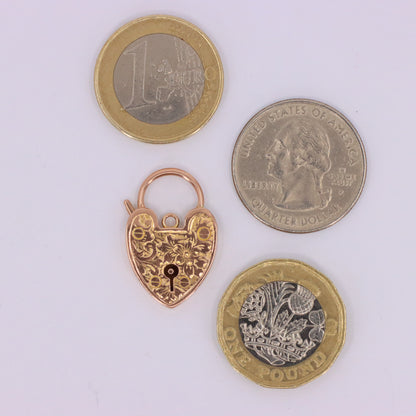 Vintage 9ct Rose Gold Floral Engraved Heart Padlock Charm Pendant Jewellery Gift