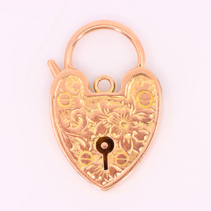 Vintage 9ct Rose Gold Floral Engraved Heart Padlock Charm Pendant Jewellery Gift