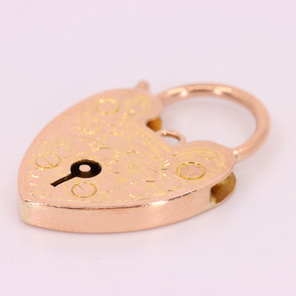 Vintage 9ct Rose Gold Floral Engraved Heart Padlock Charm Pendant Jewellery Gift