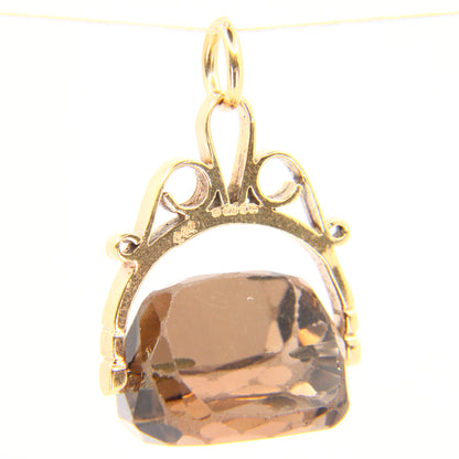 Vintage 9ct Smokey Quartz Spinner Fob Charm Hallmarked 9 Carat Yellow Gold Pendant