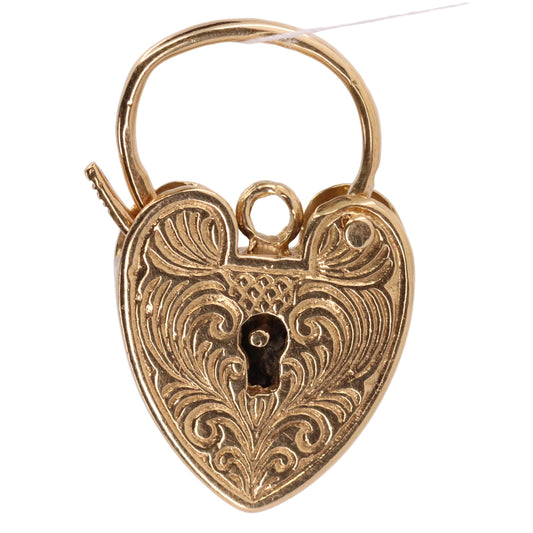Vintage 9ct Yellow Gold Hallmarked Engraved Floral Heart Padlock Charm Pendant