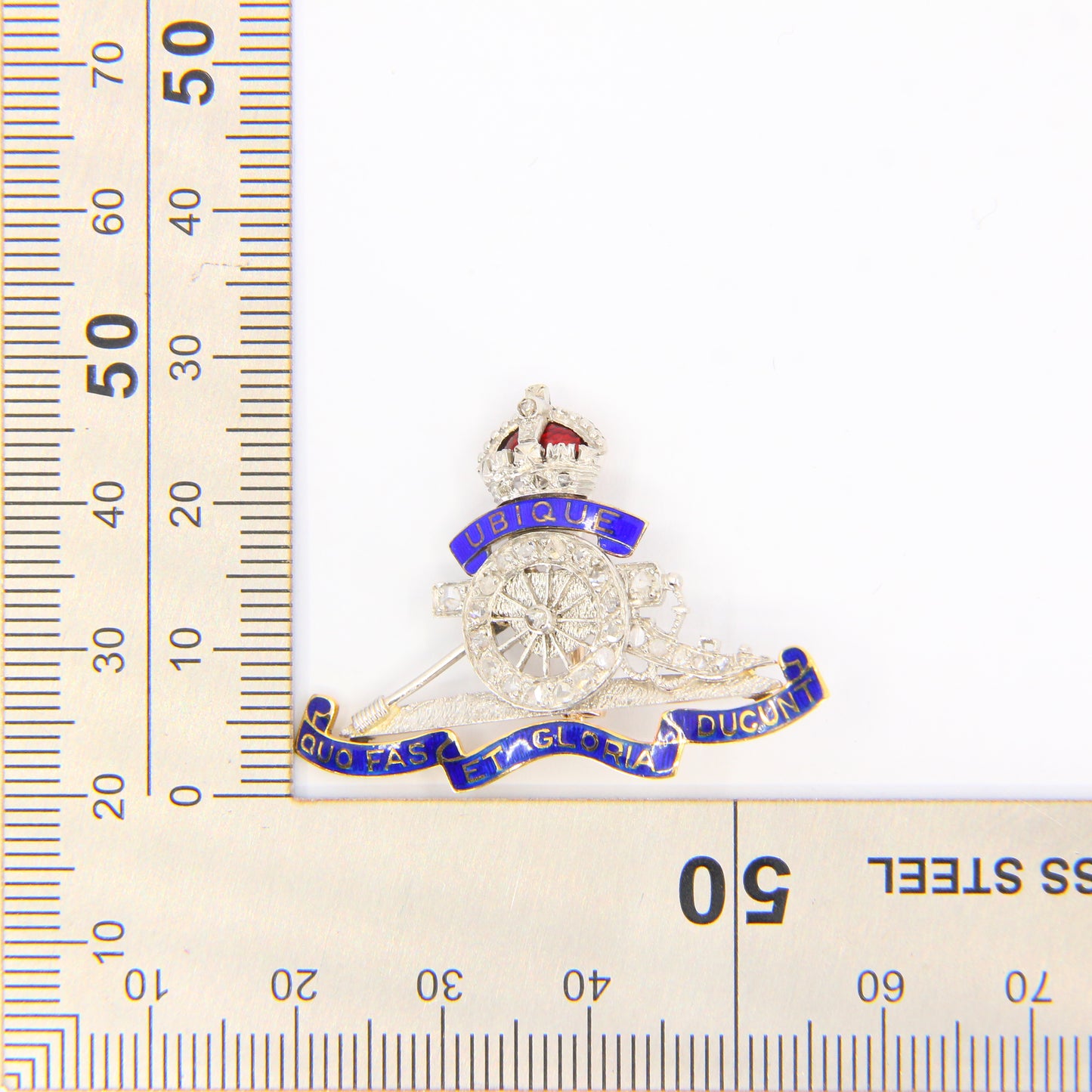 Vintage 18ct Royal Artillery Sweetheart Brooch Rose Cut Diamonds White Gold Boxed