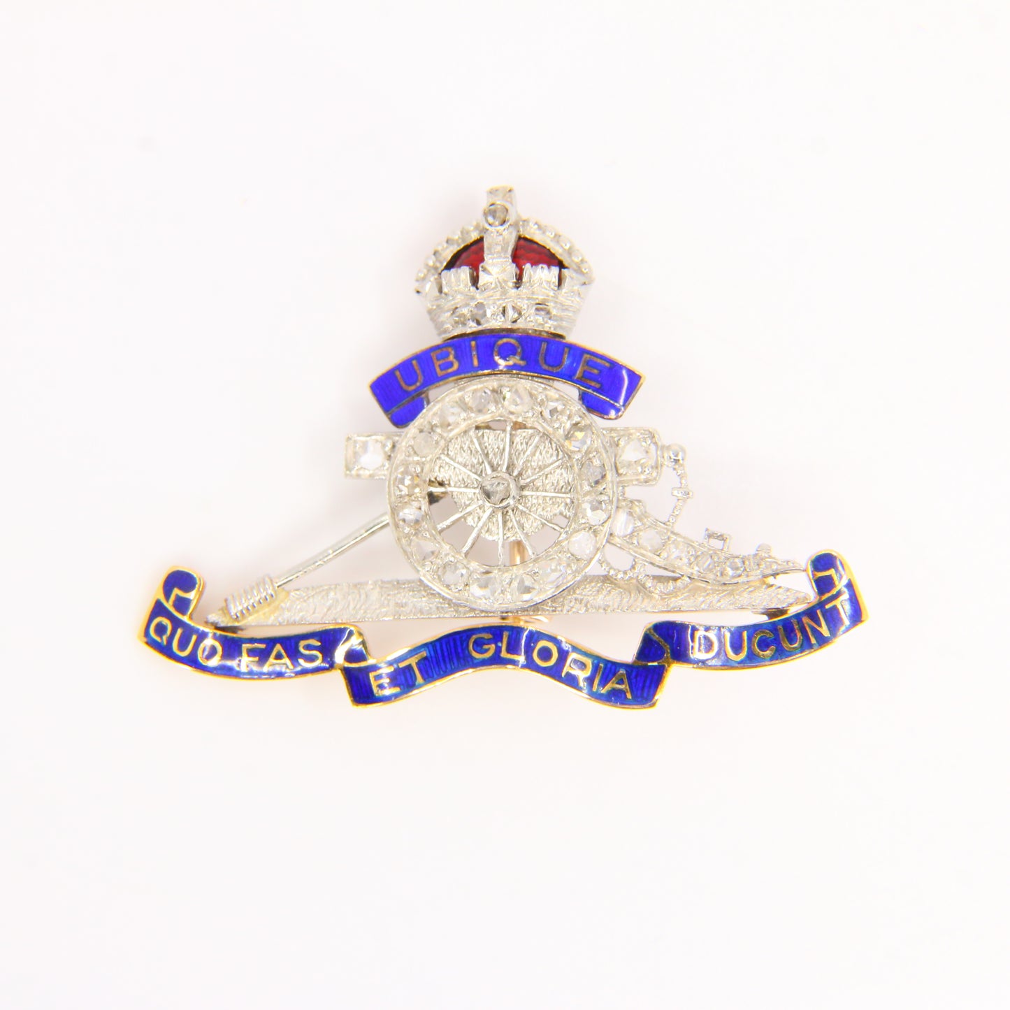 Vintage 18ct Royal Artillery Sweetheart Brooch Rose Cut Diamonds White Gold Boxed