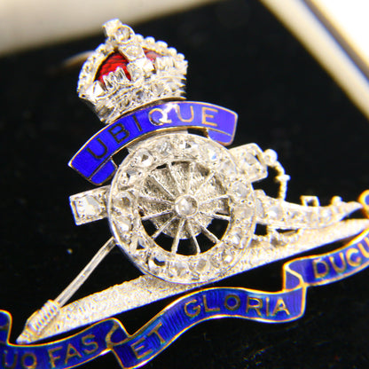 Vintage 18ct Royal Artillery Sweetheart Brooch Rose Cut Diamonds White Gold Boxed