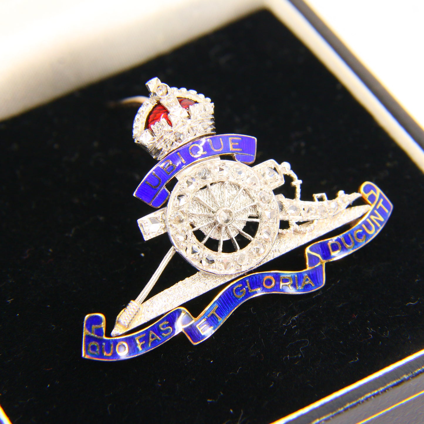 Vintage 18ct Royal Artillery Sweetheart Brooch Rose Cut Diamonds White Gold Boxed