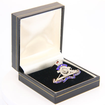 Vintage 18ct Royal Artillery Sweetheart Brooch Rose Cut Diamonds White Gold Boxed