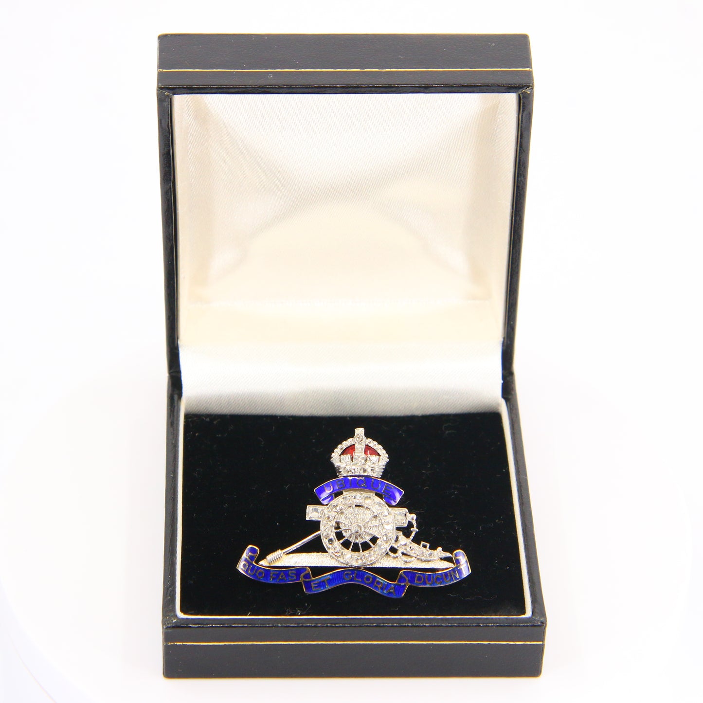 Vintage 18ct Royal Artillery Sweetheart Brooch Rose Cut Diamonds White Gold Boxed