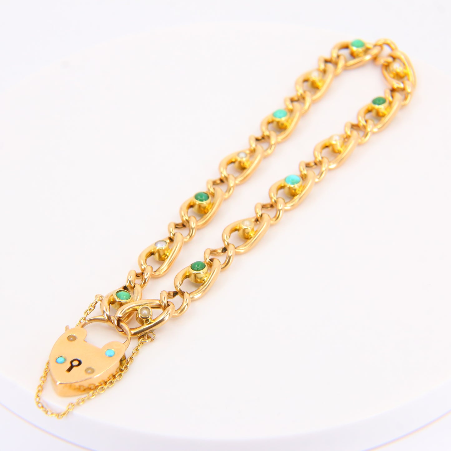 Vintage 15ct Heart Lock Gold Pearl & Turquoise Curb Link Bracelet Hallmarked