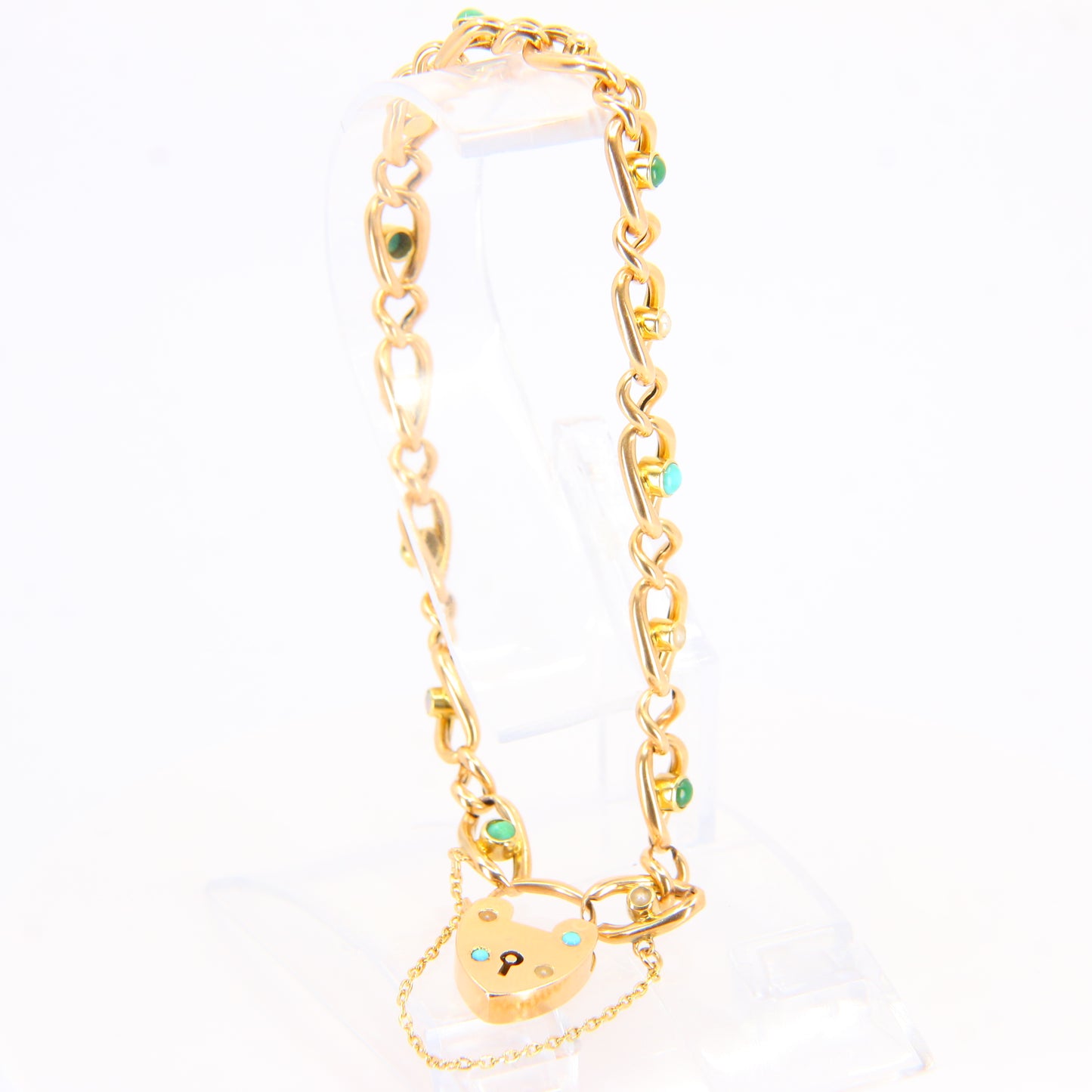 Vintage 15ct Heart Lock Gold Pearl & Turquoise Curb Link Bracelet Hallmarked