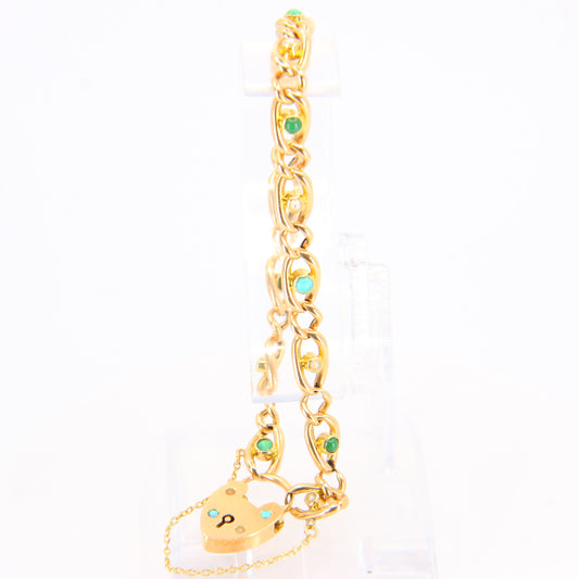 Vintage 15ct Heart Lock Gold Pearl & Turquoise Curb Link Bracelet Hallmarked