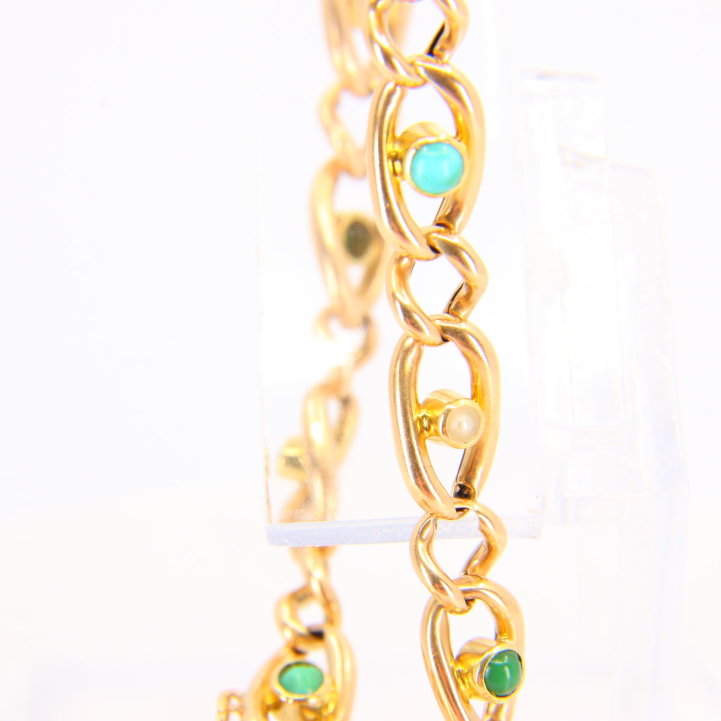 Vintage 15ct Heart Lock Gold Pearl & Turquoise Curb Link Bracelet Hallmarked