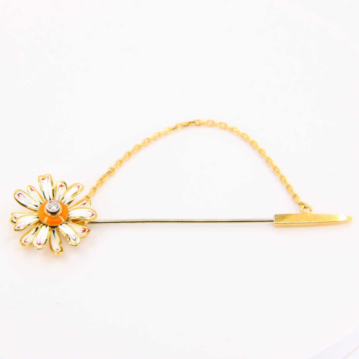 Vintage 18ct Gold Diamond Flower Pin Brooch Enamelled Detail Hallmarked Italian