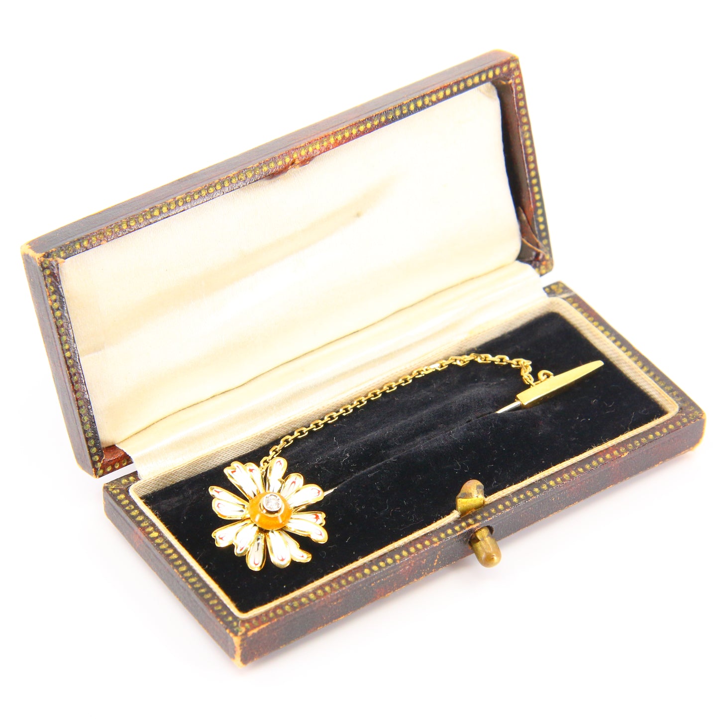 Vintage 18ct Gold Diamond Flower Pin Brooch Enamelled Detail Hallmarked Italian