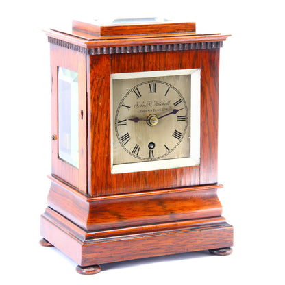 Antique Clock John & W Mitchell Glasgow London Small Antique Rosewood 4 Glass Mantel Clock 8-Day Fusee Silver Dial Running