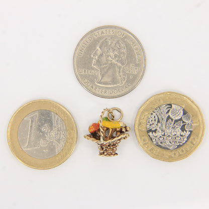 Vintage 9ct Hallmarked Gold Fruit Basket Charm Pendant Enamel Detail Miniature