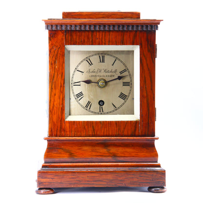 Antique Clock John & W Mitchell Glasgow London Small Antique Rosewood 4 Glass Mantel Clock 8-Day Fusee Silver Dial Running