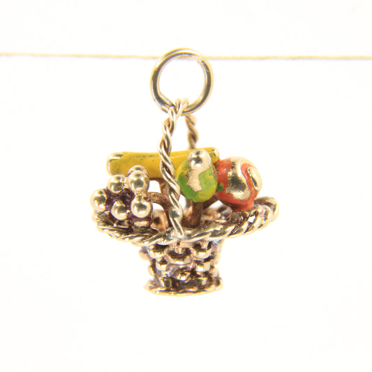 Vintage 9ct Hallmarked Gold Fruit Basket Charm Pendant Enamel Detail Miniature