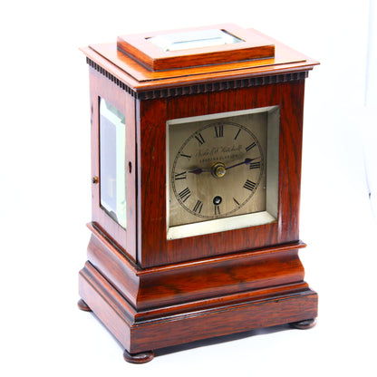 Antique Clock John & W Mitchell Glasgow London Small Antique Rosewood 4 Glass Mantel Clock 8-Day Fusee Silver Dial Running