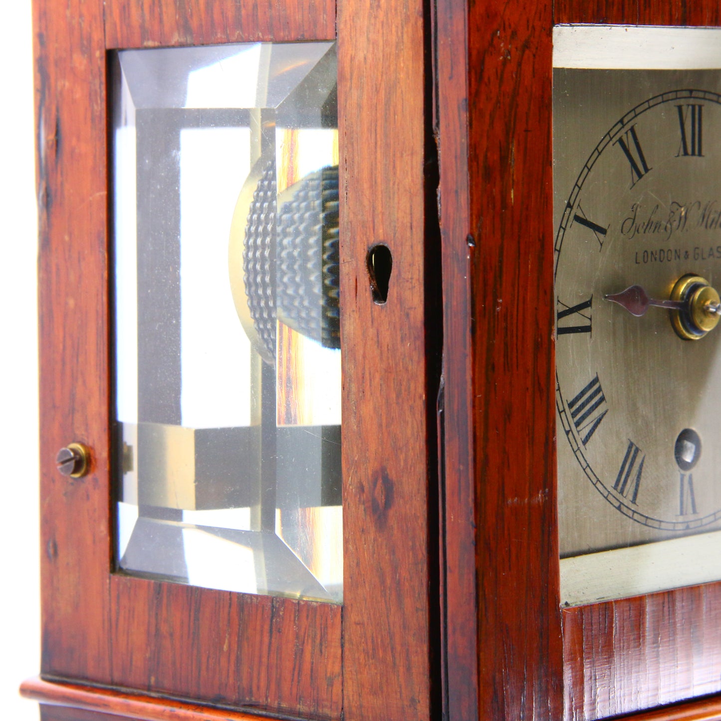 Antique Clock John & W Mitchell Glasgow London Small Antique Rosewood 4 Glass Mantel Clock 8-Day Fusee Silver Dial Running