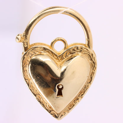 Vintage 9ct Yellow Gold Heart Padlock Charm Pendant Love Token Necklace Gift