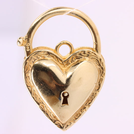 Vintage 9ct Yellow Gold Heart Padlock Charm Pendant Love Token Necklace Gift