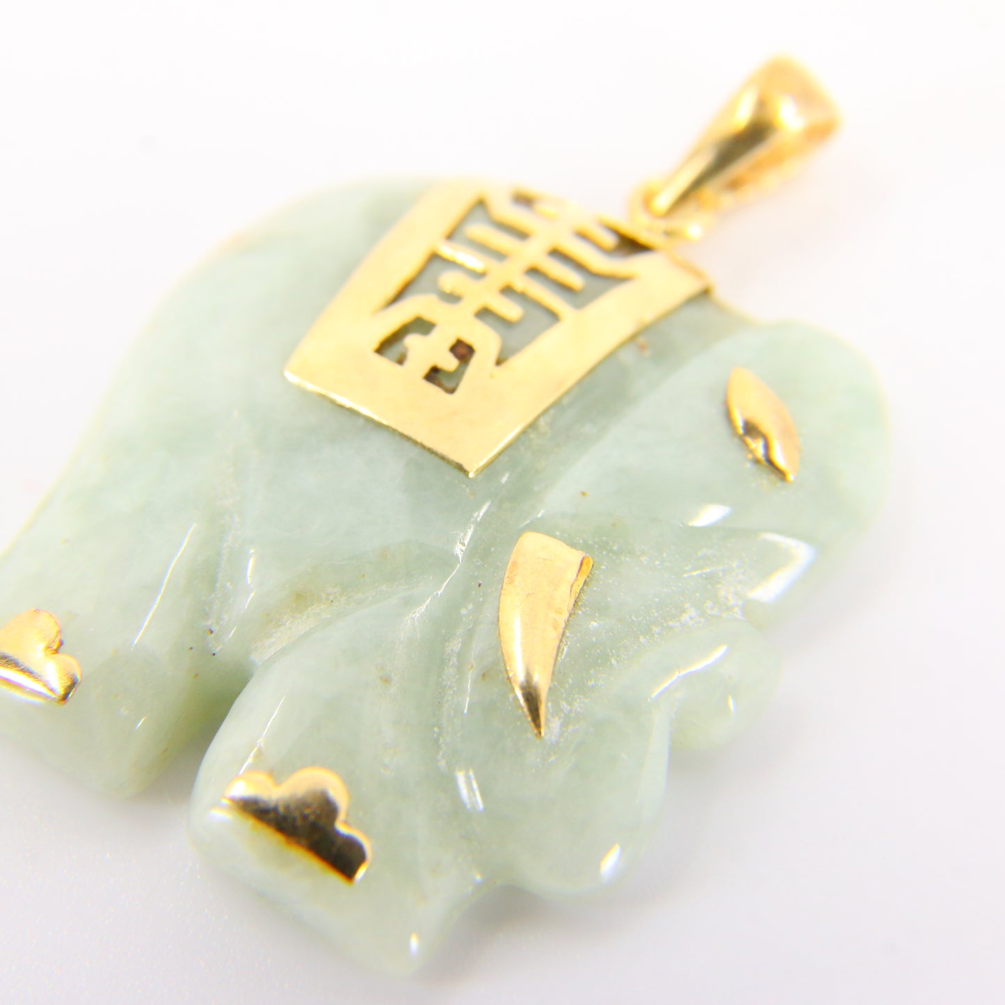 Vintage Jade Elephant Pendant 14k Gold Mounted Jade Elephant Trunk Up