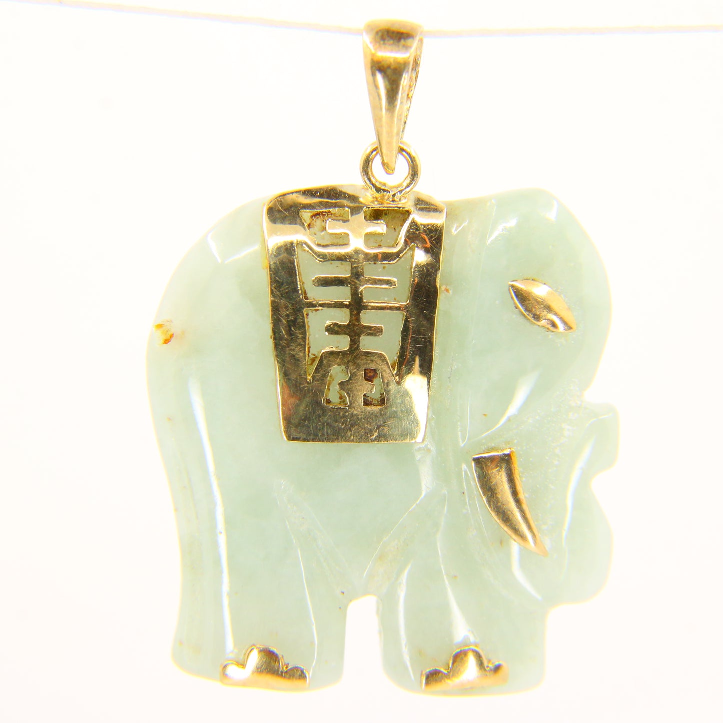 Vintage Jade Elephant Pendant 14k Gold Mounted Jade Elephant Trunk Up