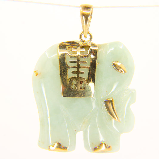 Vintage Jade Elephant Pendant 14k Gold Mounted Jade Elephant Trunk Up