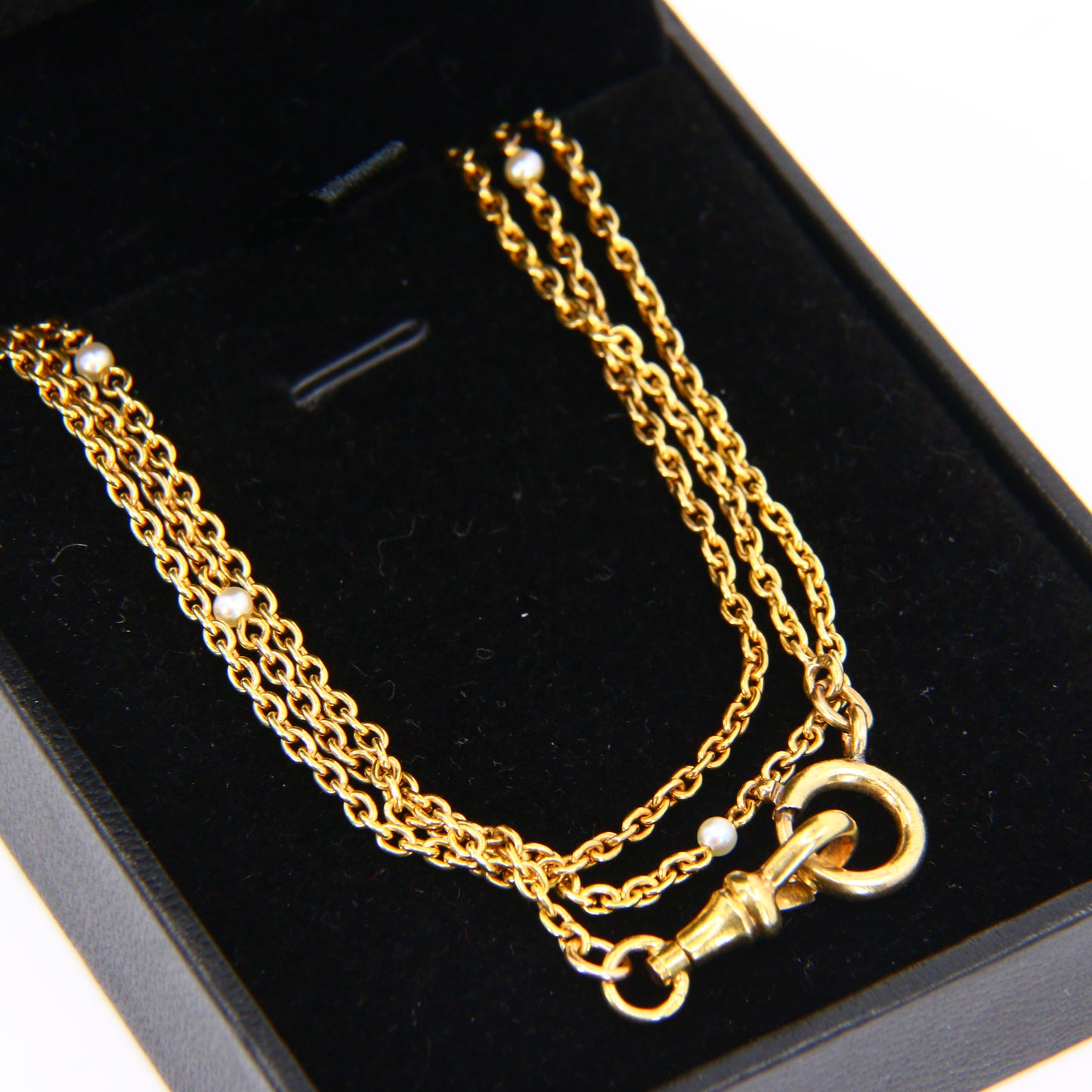 Antique 15k Victorian 52" Long Guard Chain Necklace with Small Pearl Yellow Gold Boxed