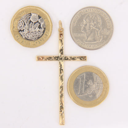 Vintage 9ct Hallmarked Yellow Gold Cross Pendant Engraved Detail Religious Gift
