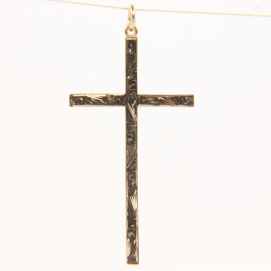 Vintage 9ct Hallmarked Yellow Gold Cross Pendant Engraved Detail Religious Gift
