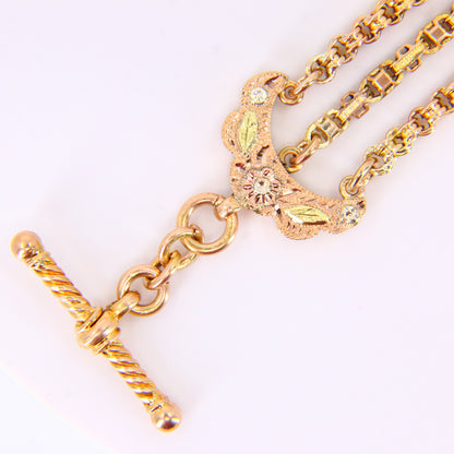 Antique 9ct Victorian Albertina 9 Carat Yellow Gold Floral Pattern Watch Chain