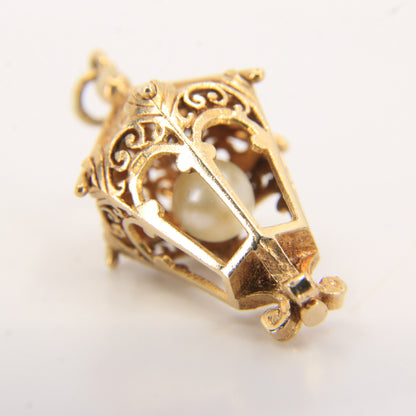 Vintage 9ct Hallmarked Gold Lantern Pendant Pearl Set 9 Carat Charm Gift