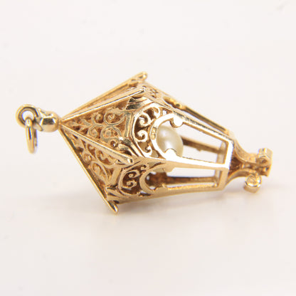 Vintage 9ct Hallmarked Gold Lantern Pendant Pearl Set 9 Carat Charm Gift