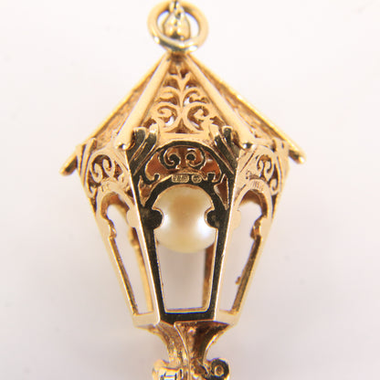 Vintage 9ct Hallmarked Gold Lantern Pendant Pearl Set 9 Carat Charm Gift