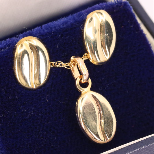 Vintage 9ct Yellow Gold Coffee Bean Jewellery Set Pendant Necklace Earrings Boxed Gift