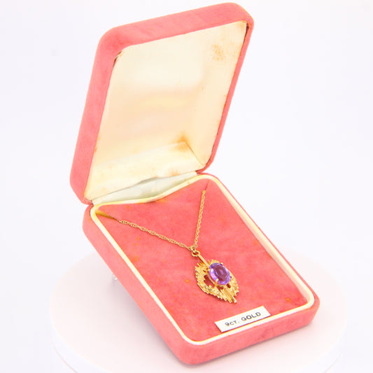 Vintage 9ct Amethyst Pendant Necklace Hallmarked Gold Chain Boxed