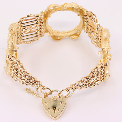 Vintage 9ct Hallmarked Gold Full Sovereign Coin Bracelet Heart Lock 7.2 Inch