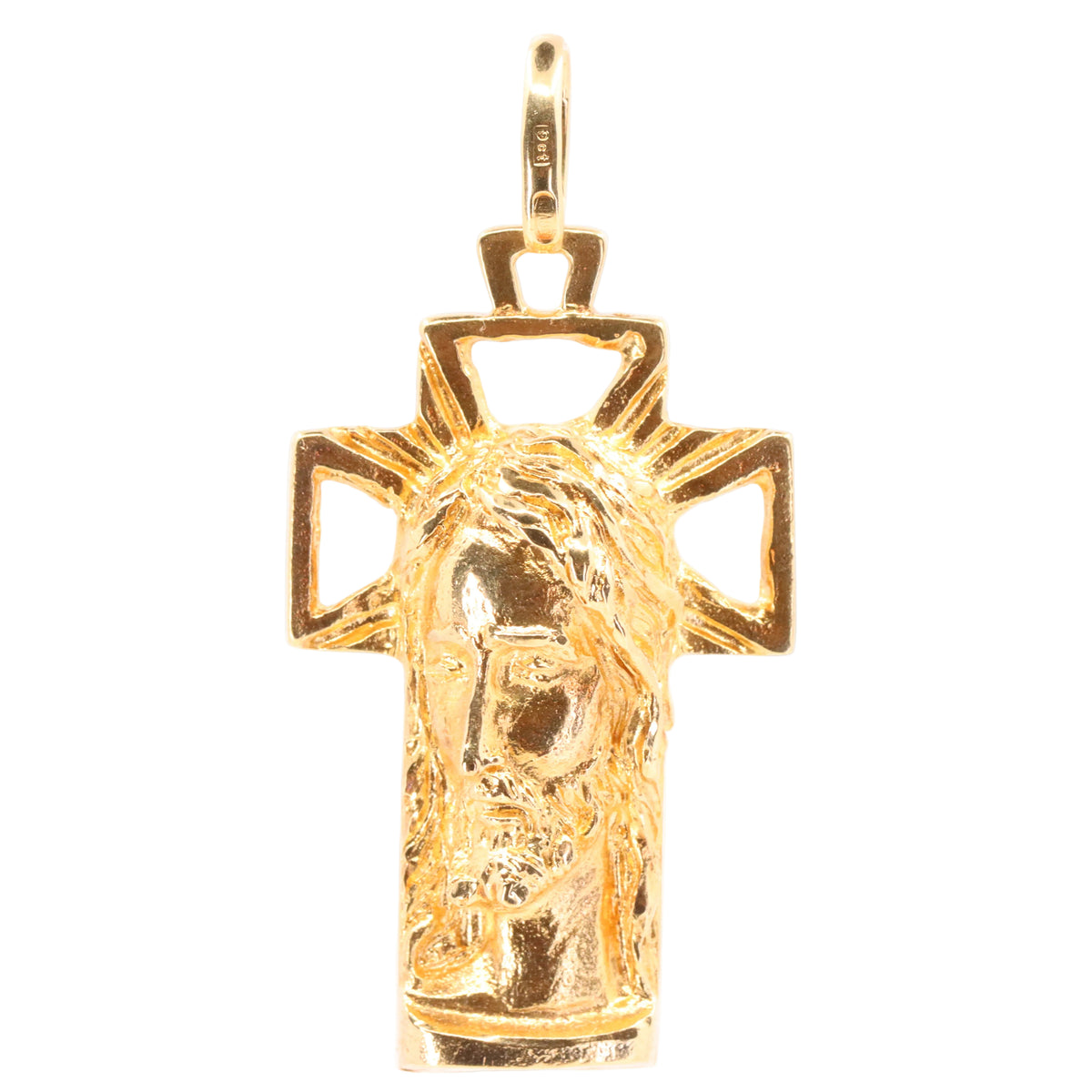 A gold Jesus head pendant on a cross, shown against a plain white background.