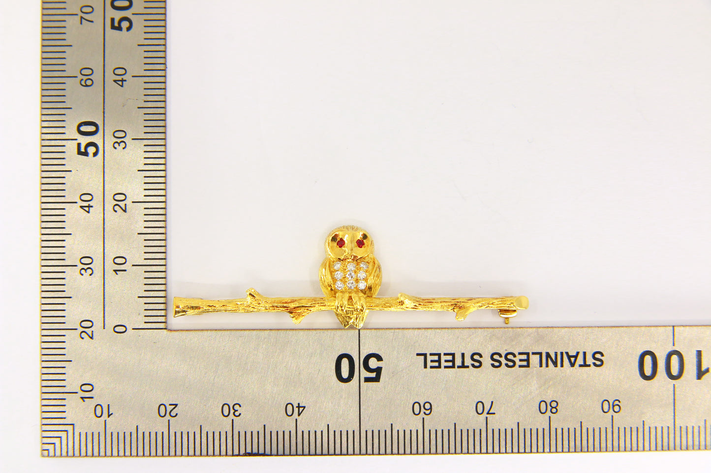 Vintage 18ct Ruby Eyed Owl Brooch Yellow Gold Hallmarked Diamond Ruby Set Brooch