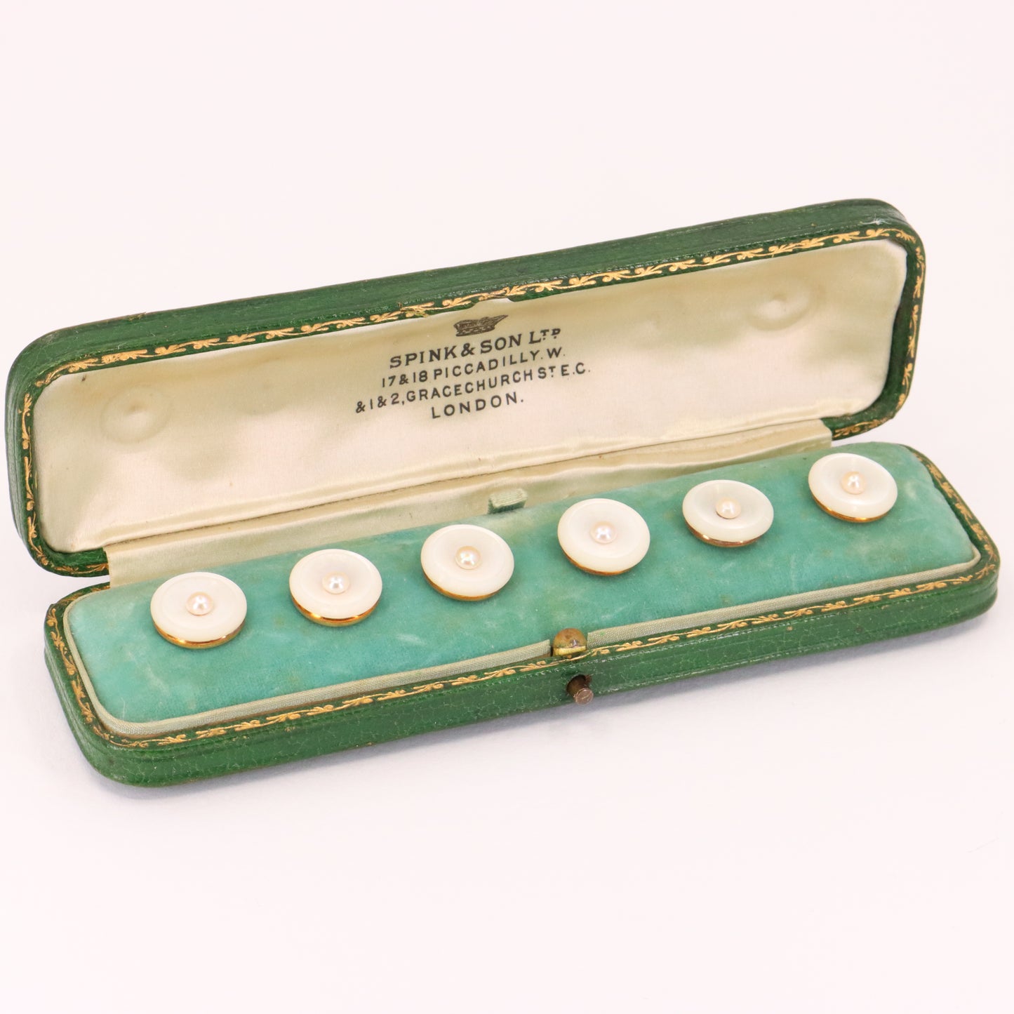 Antique 15ct Gold Mother of Pearl Pearl 6 Dress Stud Set Spink & Son Boxed Gift