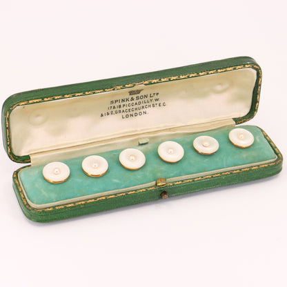 Antique 15ct Gold Mother of Pearl Pearl 6 Dress Stud Set Spink & Son Boxed Gift