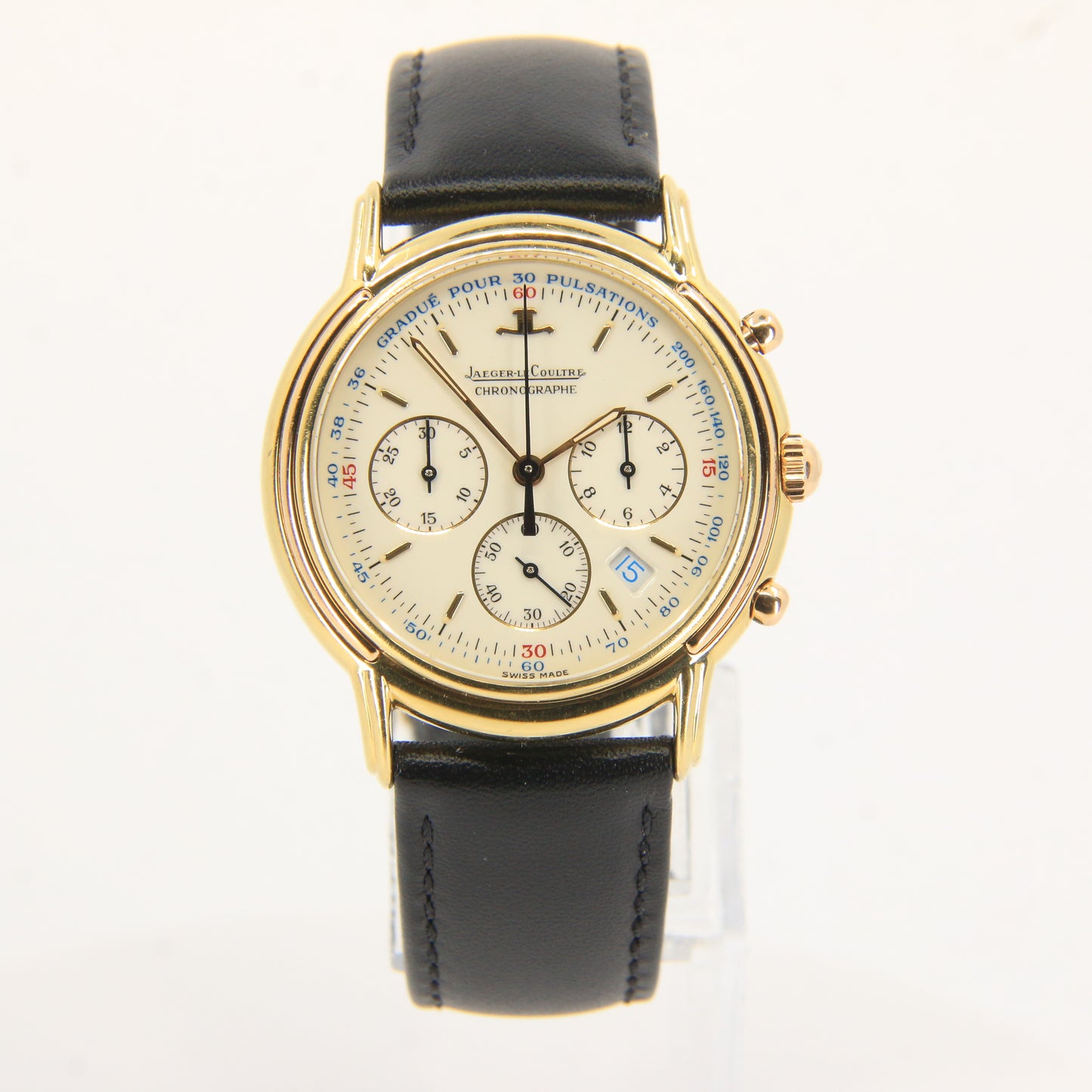 Vintage 18ct Jaeger LeCoultre Yellow Gold Quartz Chronograph Watch Leather Strap