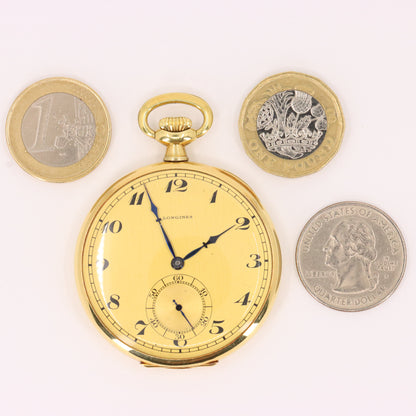 Vintage 18ct Gold Longines Open Face Pocket Watch 45mm Slim Case Swiss Movement
